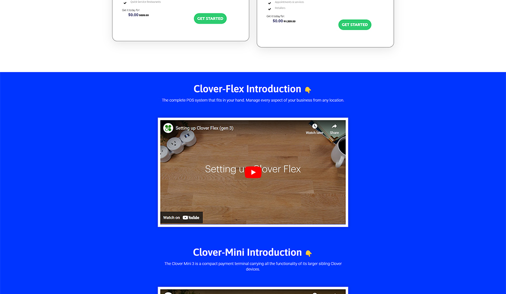Clover Flex introduction section featuring a video tutorial on setting up the Clover Flex POS system, designed for managing business operations remotely. Includes information on Clover Mini as a compact payment terminal solution.