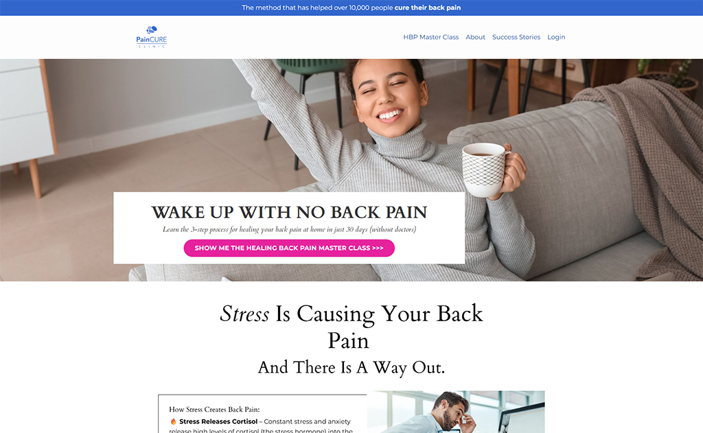 Woman smiling while holding a coffee mug, sitting comfortably on a couch in a cozy living room. The image promotes a back pain relief program, emphasizing stress management and healing techniques.