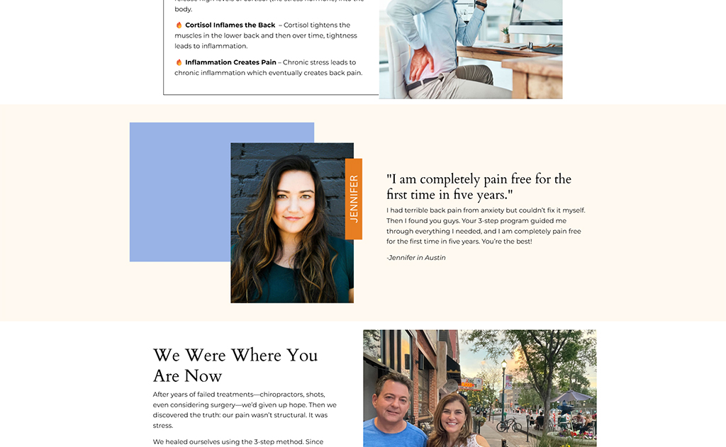 Image featuring a testimonial from Jennifer, a client who shares her experience of overcoming chronic back pain through a 3-step program, highlighting the impact of stress on physical health. The background includes a visual representation of inflammation and stress-related issues.