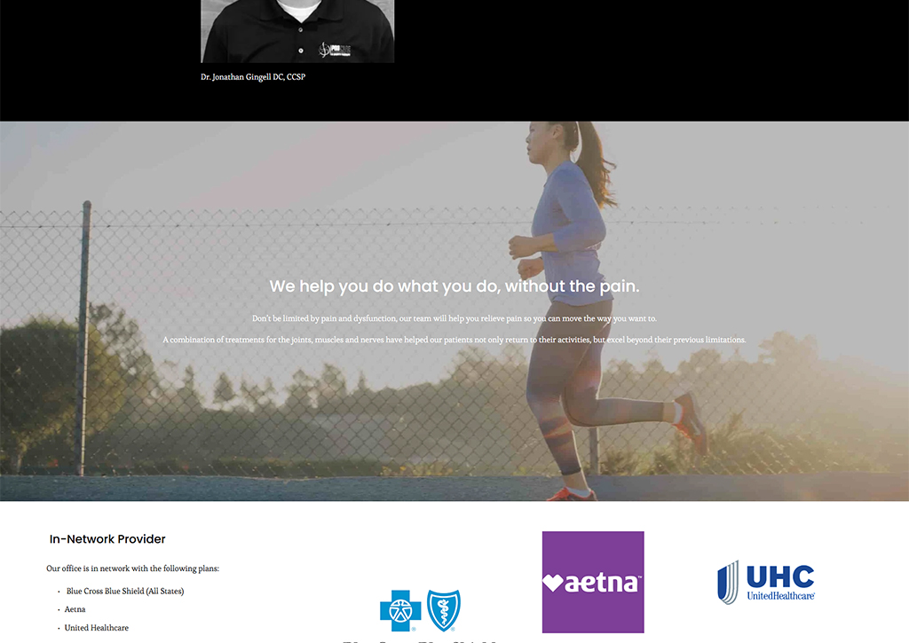 Portrait of Dr. Jonathan Gingell, DC, CCSP, alongside a motivational message promoting pain relief and active lifestyle support, featuring logos of insurance providers Blue Cross Blue Shield, Aetna, and UnitedHealthcare.