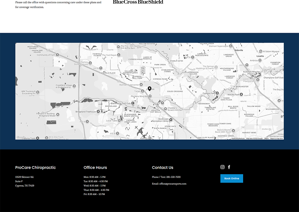 Map of Cypress, Texas, highlighting key locations and landmarks near ProCare Chiropractic, including nearby businesses and parks, with contact information and office hours listed below.