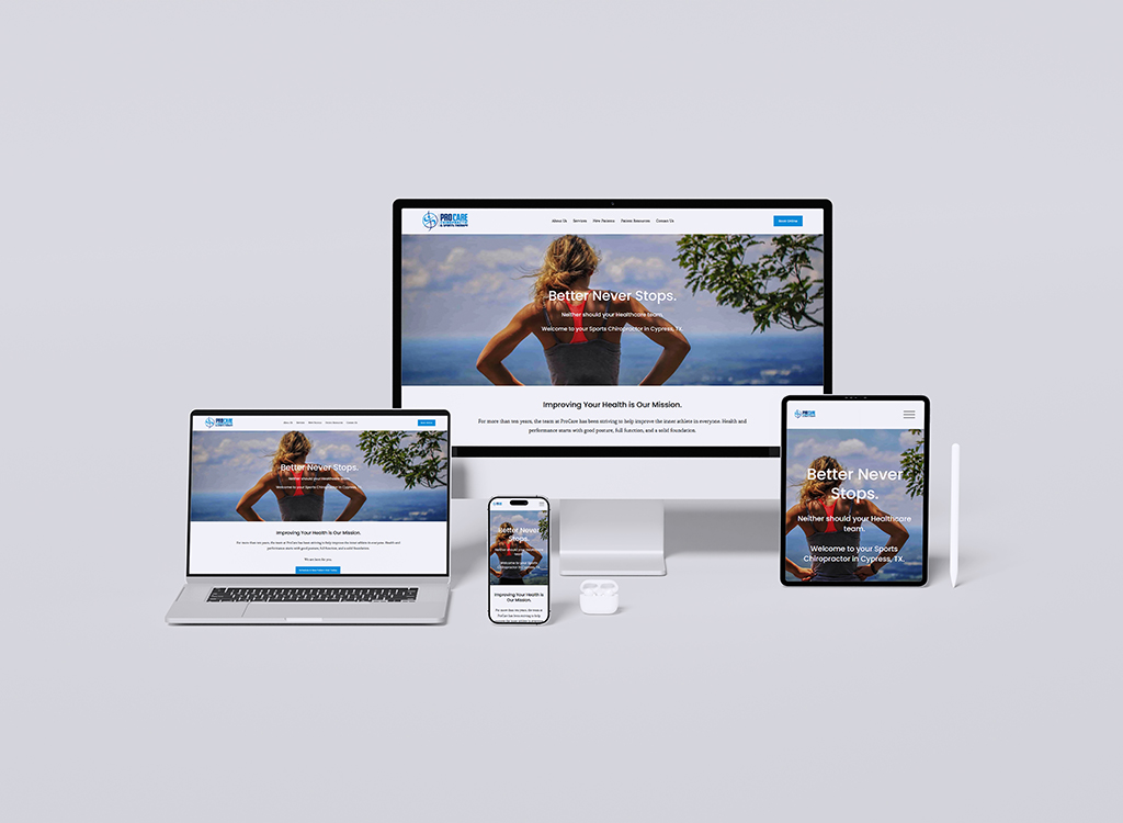 Mockup of a responsive website design displayed on multiple devices including a desktop, laptop, tablet, and smartphone, promoting a health and wellness service with the tagline 