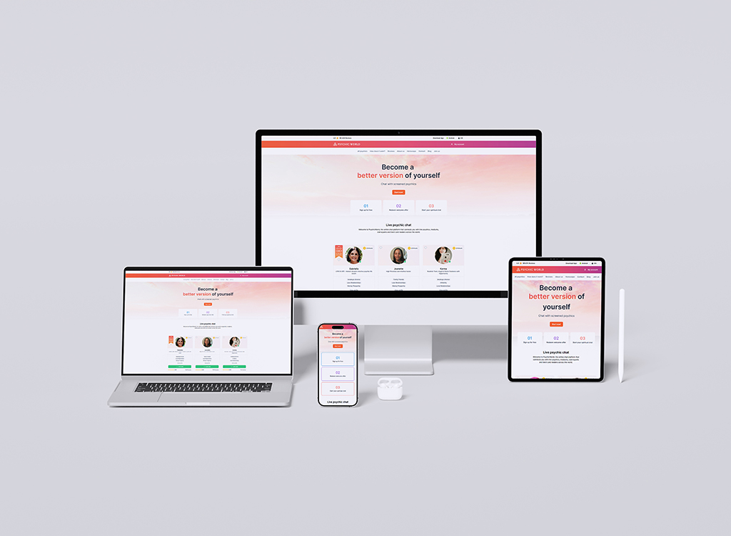 Image showcasing a responsive website design for a personal development platform, displayed on multiple devices including a desktop, laptop, tablet, and smartphone. The website features a motivational message, 