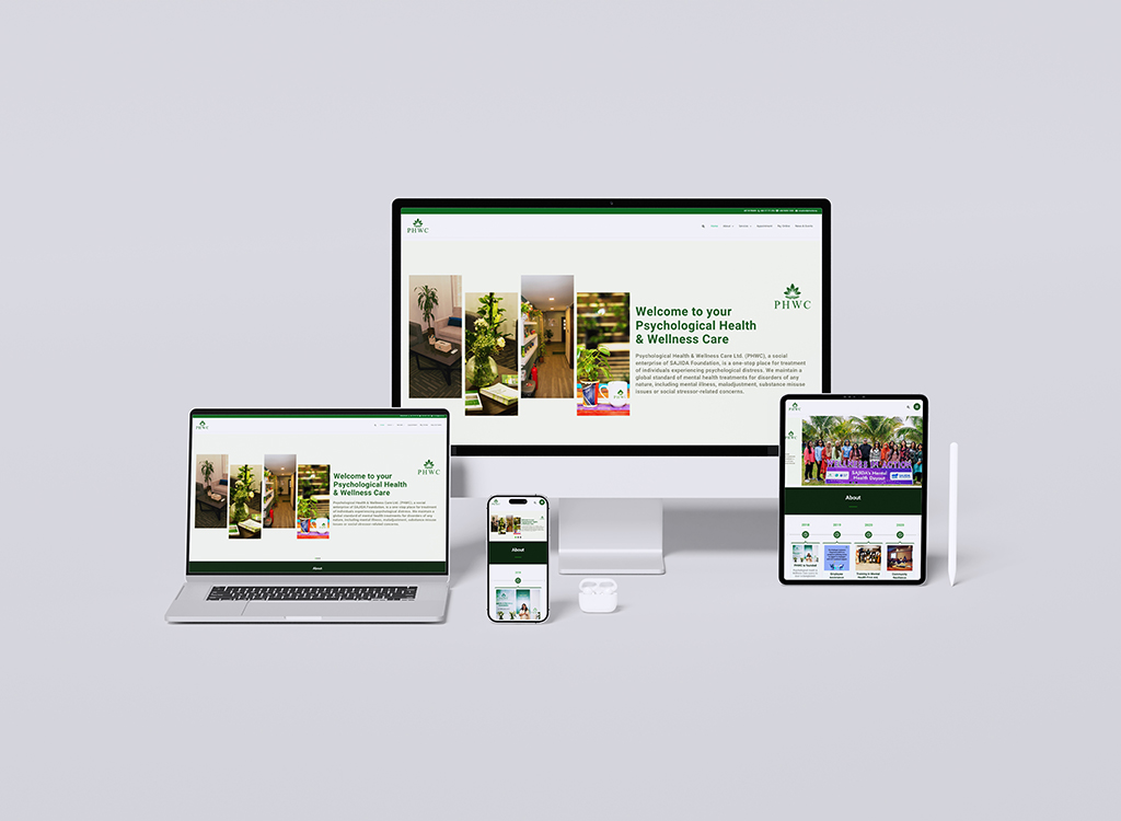 Image showcasing multiple devices displaying the website for Psychological Health & Wellness Care (PHWC), featuring a welcoming message and images related to mental health services. The devices include a desktop monitor, laptop, tablet, and smartphone, all emphasizing accessible mental health resources and support.