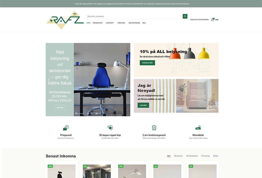 Homepage of a furniture and lighting website featuring ergonomic office chairs and desk lamps. Highlights include promotional offers, product categories, and a user-friendly layout for easy navigation.