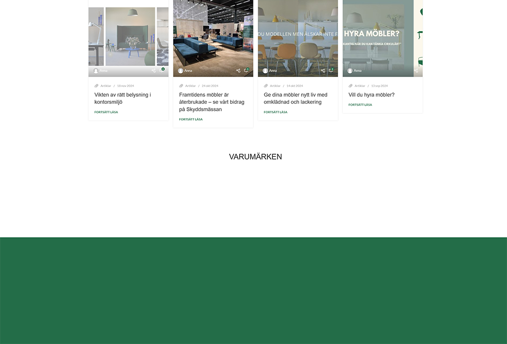 Image showcasing a collection of articles related to office furniture, lighting, and design trends. The layout features four article previews with titles emphasizing the importance of proper lighting in office environments, sustainable furniture, furniture refurbishment, and rental options. The bottom section includes a brand name or category header.