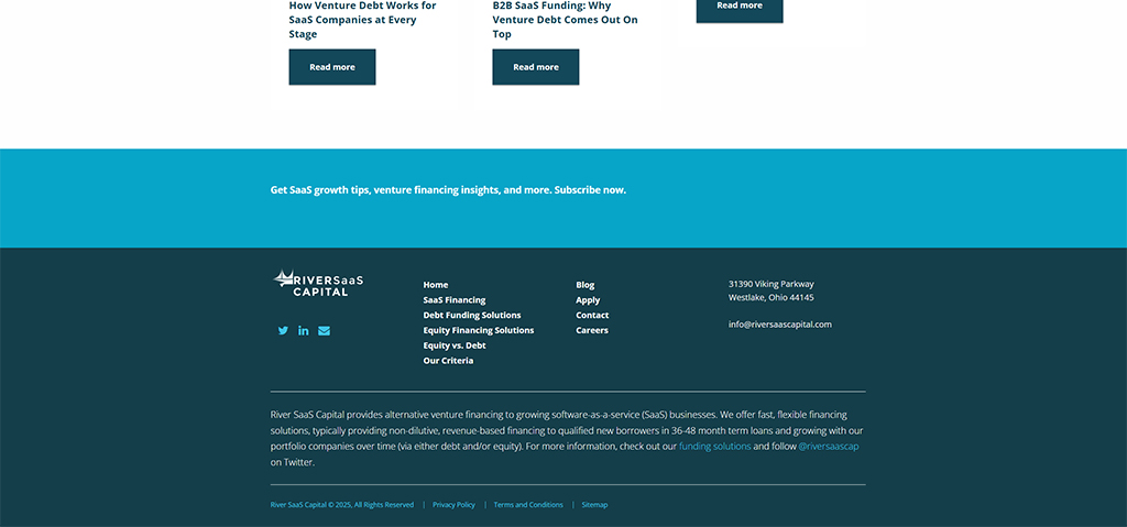 Alt text: Screenshot of River SaaS Capital website footer featuring links to services like SaaS financing, debt and equity funding solutions, and company contact information. The footer encourages visitors to subscribe for SaaS growth tips and insights.