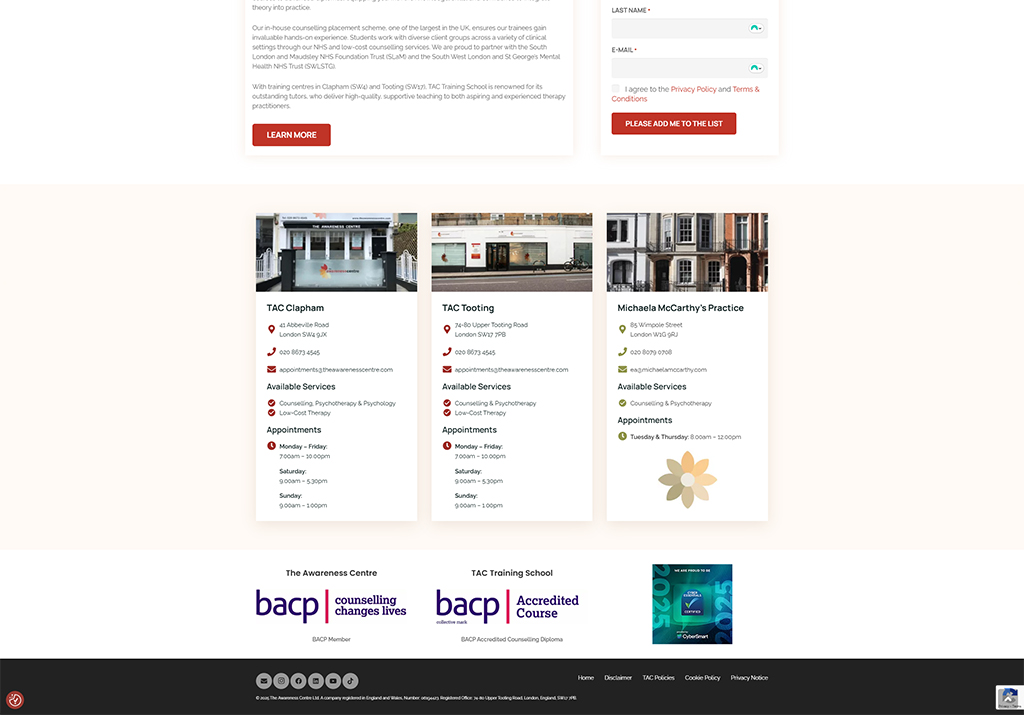 Alt text: Website layout featuring TAC Clapham, TAC Tooting, and Michaela McCarthy's practice, highlighting available counseling and psychotherapy services, appointment schedules, and contact information.
