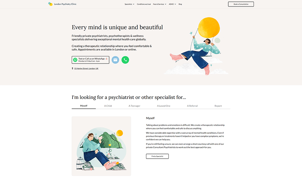 Illustration of a person sitting comfortably with a large yellow balloon, representing mental health support and therapy at the London Psychiatry Clinic. The website emphasizes the importance of a therapeutic relationship and offers appointments in London or online.