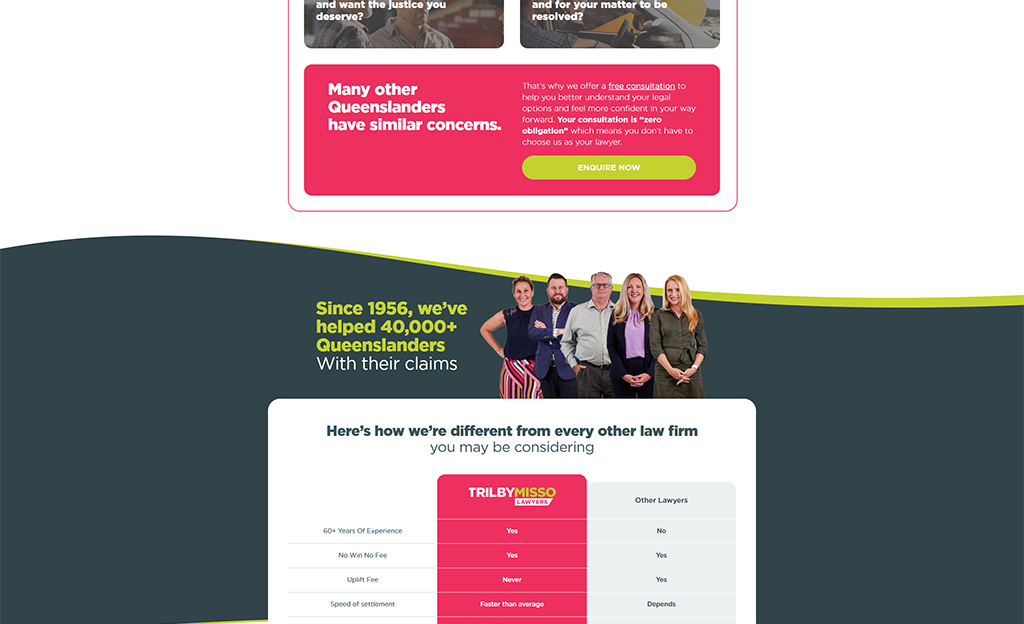 Image showcasing a law firm's commitment to helping Queenslanders with legal claims, featuring a diverse team of lawyers and promotional text about free consultations and their unique service offerings since 1956.