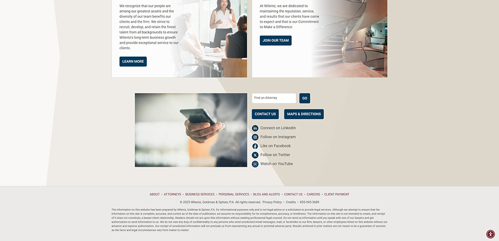 Image of a professional law firm website footer featuring contact information, social media links, and a call-to-action to join the team, emphasizing the firm's commitment to client service and business growth.