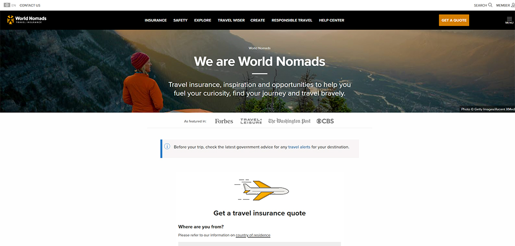 Homepage of World Nomads, featuring travel insurance information, inspirational travel content, and a call to action for getting a travel insurance quote. The design includes scenic mountain imagery and mentions its media features in reputable outlets like Forbes and CBS.