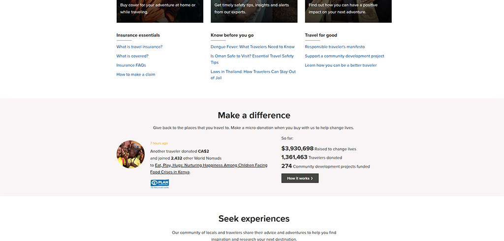 Screenshot of a travel insurance website section highlighting community donations, travel safety tips, and responsible travel initiatives, showcasing the impact of traveler contributions on global projects.