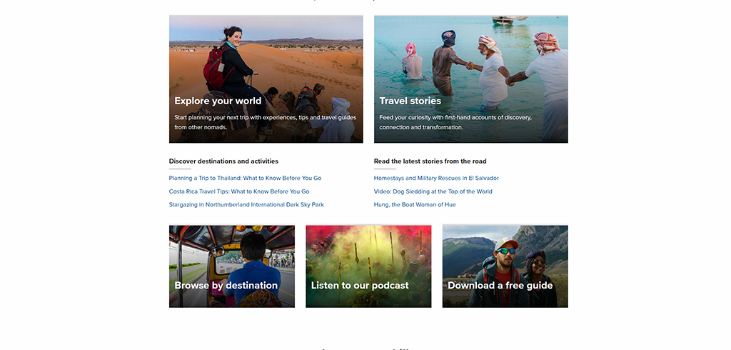 Image showcasing a travel website layout featuring sections for exploring destinations, travel stories, and activities. The design includes prompts to plan trips, browse by destination, listen to a podcast, and download guides, aimed at inspiring and informing travelers.