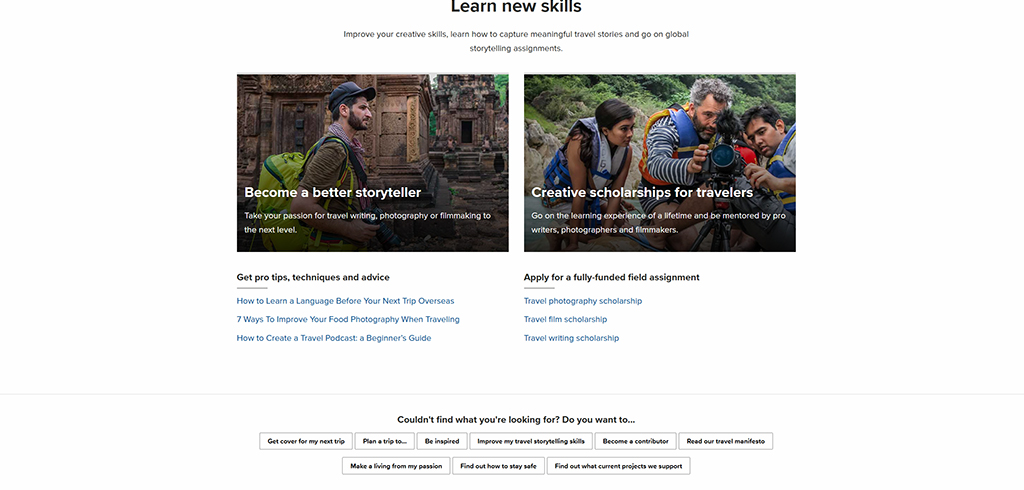Image of a webpage promoting travel storytelling skills, featuring sections on becoming a better storyteller, tips for travel writing, photography, and filmmaking, and information about scholarships for aspiring travelers. The layout includes images of individuals engaged in creative activities, emphasizing learning and mentorship opportunities.
