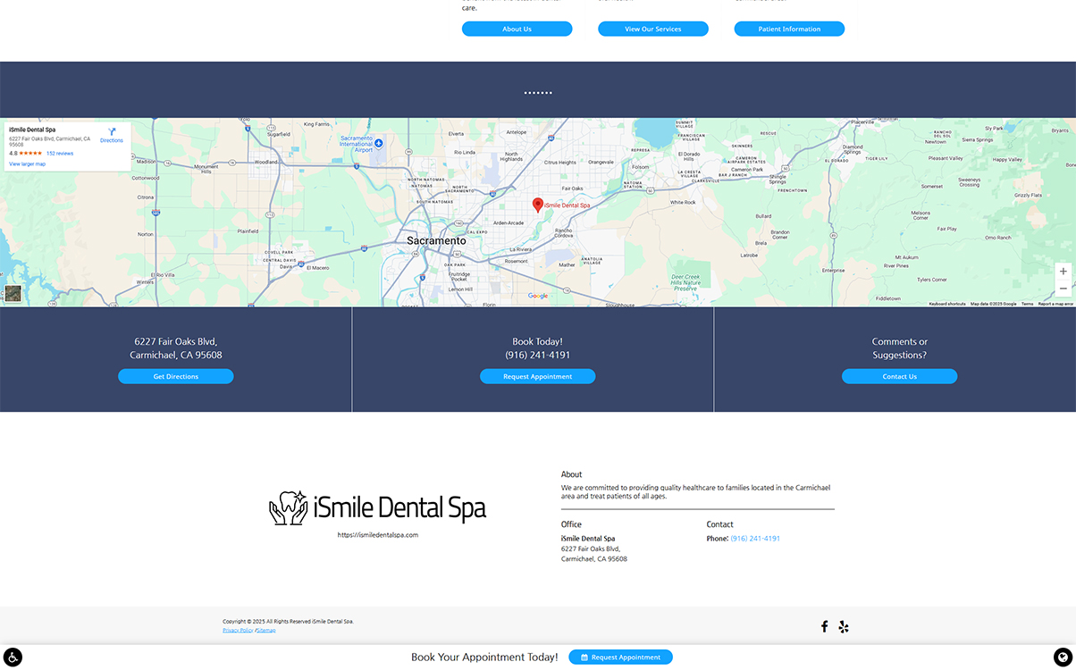 Map and contact information for iSmile Dental Spa located at 6227 Fair Oaks Blvd, Carmichael, CA 95608. Features directions button, phone number for appointments, and details about dental services offered.