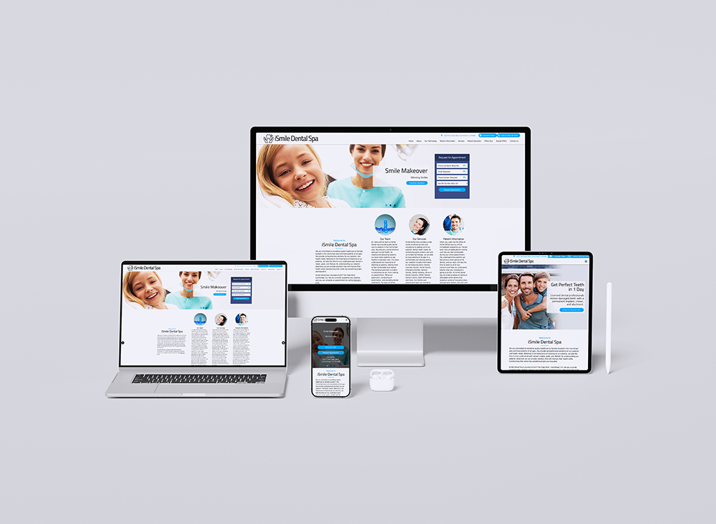 Image showcasing the responsive design of the Smile Dental Spa website displayed on multiple devices, including a desktop monitor, laptop, tablet, and smartphone, highlighting various dental services and a welcoming atmosphere.