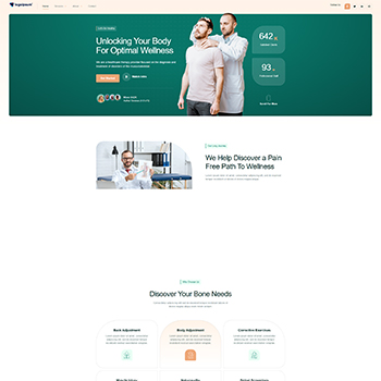 Homepage of a wellness clinic featuring a professional team assisting clients. The design emphasizes services for pain relief and optimal health, showcasing statistics and various wellness programs.