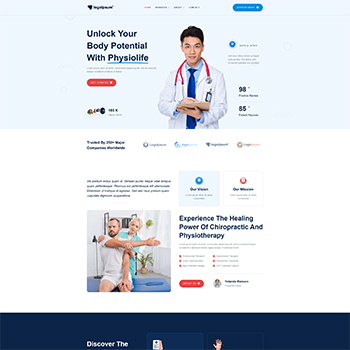Image of a healthcare website homepage featuring a smiling male doctor in a white coat, promoting chiropractic and physiotherapy services. The design includes sections for company vision, patient testimonials, and a call to action to unlock body potential with Physiolive.